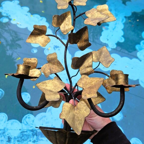 Beautiful Vintage Metal Ivy Leaf Candelabra Double Candle Holder - Picture 4 of 7